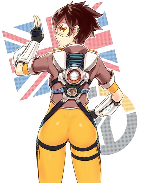 Anime picture 850x1100 with overwatch blizzard entertainment tracer (overwatch) sieyarelow single tall image looking at viewer fringe short hair brown hair brown eyes ass profile looking back from behind short sleeves hand on hip thighs piercing ear piercing