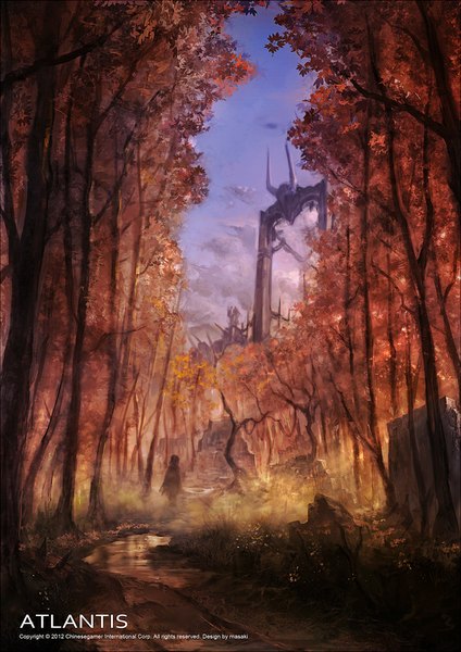 Anime picture 706x1000 with andou (masaki768) single tall image sky inscription autumn ambiguous gender gate plant (plants) tree (trees) water building (buildings) forest stone (stones) road