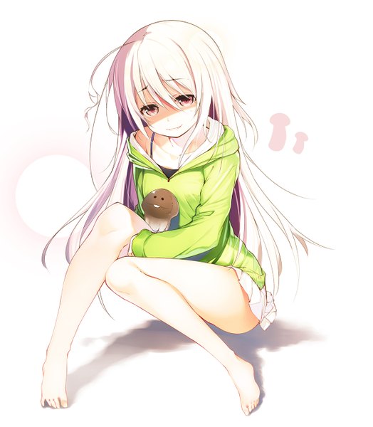 Anime picture 1200x1374 with original nekomu single long hair tall image looking at viewer light erotic white background white hair pink eyes barefoot bare legs girl skirt miniskirt