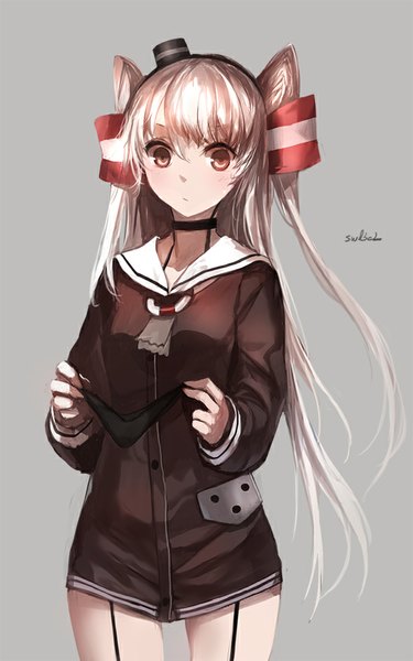Anime picture 591x945 with kantai collection amatsukaze destroyer swd3e2 single long hair tall image looking at viewer blush simple background holding brown eyes signed grey background two side up girl dress hair ornament underwear panties hat
