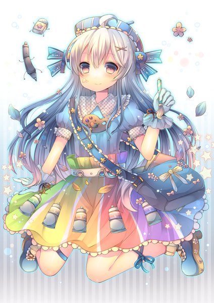 Anime picture 706x1000 with original pixiv-tan pjrmhm coa single long hair tall image looking at viewer blush fringe smile hair between eyes holding payot blue hair silver hair full body ahoge bent knee (knees) multicolored hair arm up