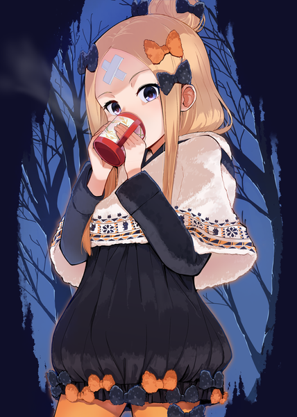 Anime picture 1783x2500 with fate (series) fate/grand order abigail williams (fate) usuaji single long hair tall image looking at viewer fringe highres blue eyes blonde hair standing payot outdoors long sleeves night hair bun (hair buns) bare tree bandaid on face