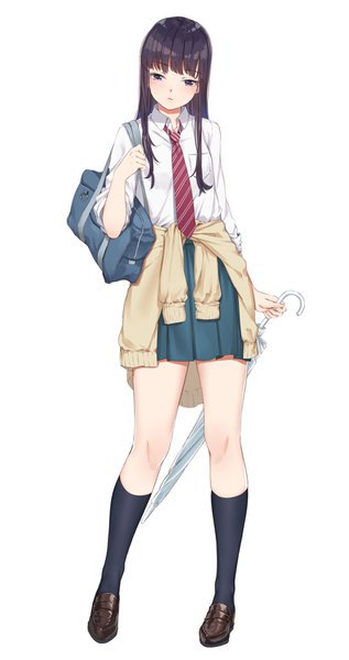 Anime picture 900x1701 with koi wa ameagari no you ni tachibana akira fangxiang cuoluan single long hair tall image blush black hair simple background white background purple eyes looking away full body closed umbrella clothes around waist girl skirt uniform school uniform miniskirt