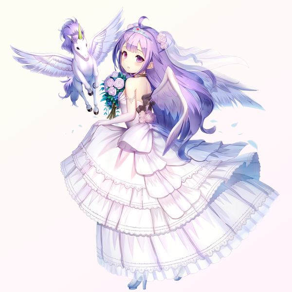 Anime picture 6060x6060 with azur lane unicorn (azur lane) teratsuu single long hair looking at viewer blush highres open mouth simple background standing purple eyes payot absurdres purple hair full body ahoge looking back hair flower hair bun (hair buns)