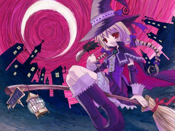 イラスト 1120x840 と akiyoshi yoshiaki ツインテール 空 night witch 妖精 broom riding リボン 月 箒 wand