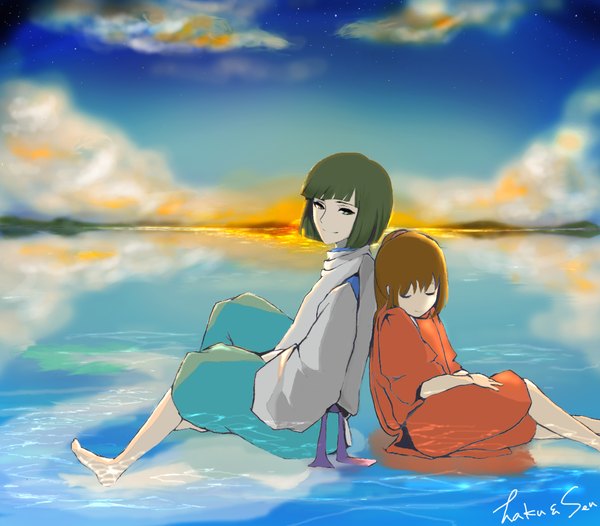 Anime picture 1886x1654 with spirited away studio ghibli haku (spirited away) ogino chihiro peggy (artist) highres short hair smile brown hair sitting sky cloud (clouds) ponytail eyes closed japanese clothes barefoot inscription night sky sleeping back to back
