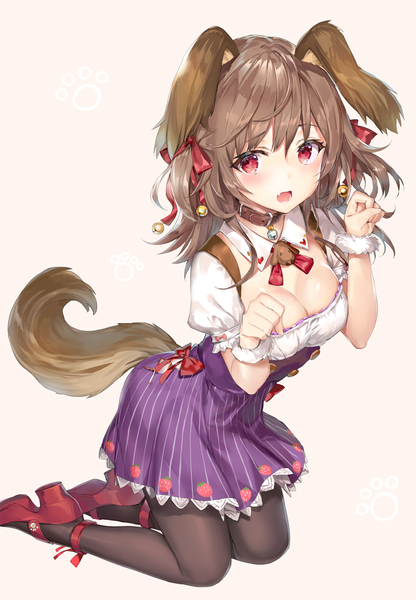 Anime picture 900x1296 with original momoko (momopoco) single long hair tall image looking at viewer blush fringe breasts open mouth light erotic simple background hair between eyes red eyes brown hair animal ears cleavage tail animal tail short sleeves