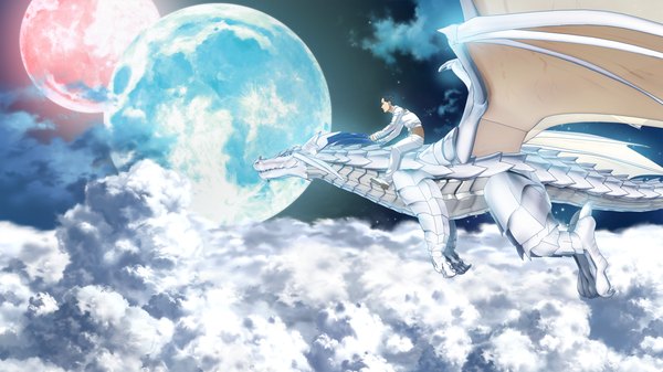 Anime picture 1280x720 with hatsuru koto naki mirai yori yukikaze geneblood mimori ichirou ino single short hair black hair wide image game cg cloud (clouds) flying fantasy boy moon full moon dragon