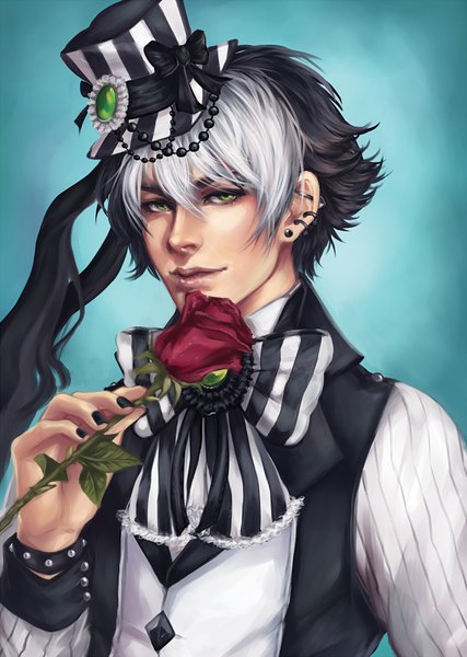 Anime picture 711x1000 with original antique-teacup single tall image short hair black hair simple background green eyes white hair nail polish multicolored hair two-tone hair piercing striped black nail polish boy flower (flowers) bow hat earrings