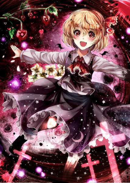 Anime picture 1000x1400 with touhou rumia kotonoman single tall image looking at viewer blush short hair open mouth blonde hair red eyes spread arms flying girl skirt flower (flowers) ribbon (ribbons) hair ribbon skirt set