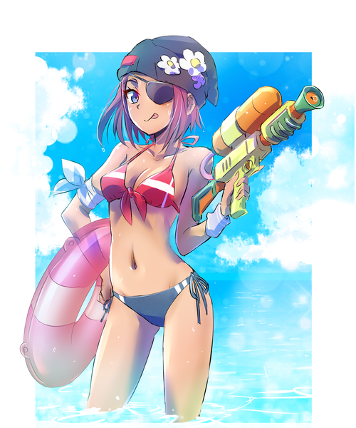 Anime-Bild 2500x3000 mit rwby rooster teeth may zedong iesupa single tall image looking at viewer highres breasts blue eyes light erotic sky cleavage purple hair cloud (clouds) hair flower wet partially submerged dark skin border