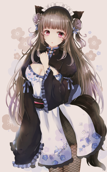 Anime picture 1500x2400 with original sakura mochiko single long hair tall image looking at viewer fringe breasts brown hair large breasts animal ears tail blunt bangs animal tail pink eyes wide sleeves :o maid hair bun (hair buns) hand on chest