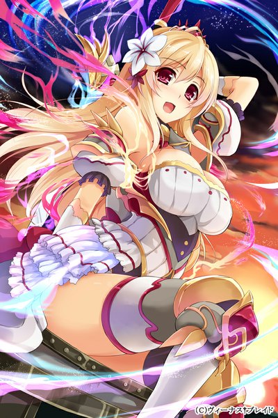 Anime-Bild 640x960 mit venus blade hisenkaede long hair tall image looking at viewer blush fringe breasts open mouth light erotic blonde hair red eyes large breasts sitting signed hair flower alternate costume evening sunset arm behind head