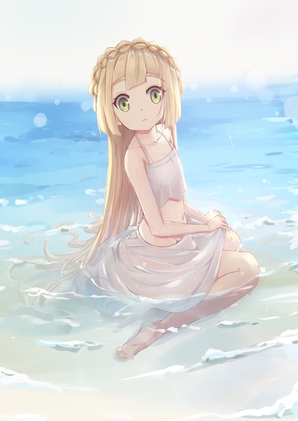 Anime picture 2483x3508 with pokemon pokemon sm nintendo lillie (pokemon) aka (440626) single long hair tall image looking at viewer fringe highres light erotic blonde hair sitting bare shoulders green eyes outdoors braid (braids) parted lips barefoot