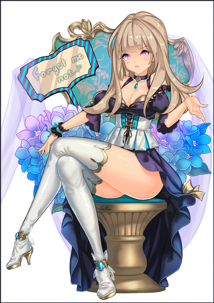 Anime picture 608x860 with original shallua single long hair tall image looking at viewer blush fringe breasts light erotic sitting purple eyes grey hair crossed legs girl dress boots thigh boots