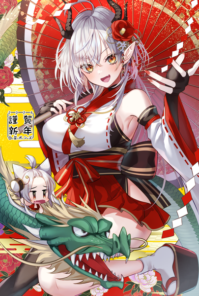 Anime picture 723x1071 with original hakusai ponzu single long hair tall image looking at viewer fringe open mouth light erotic hair between eyes signed yellow eyes silver hair ahoge tail nail polish :d horn (horns) pointy ears new year