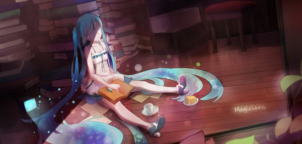Anime picture 3852x1848 with vocaloid hatsune miku magicians (zhkahogigzkh) single long hair fringe highres smile wide image sitting twintails bare shoulders blue hair eyes closed bare legs shadow tears sleeping glow girl