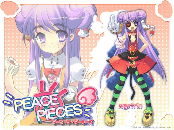Anime picture 1600x1200 with peace@pieces yamada maririn itou noiji long hair looking at viewer blush open mouth smile purple eyes purple hair tail :d animal tail cat tail hair bun (hair buns) copyright name character names eating girl thighhighs