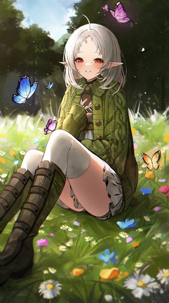 Anime picture 1620x2900 with mushoku tensei studio bind sylphiette (mushoku tensei) lunia single tall image looking at viewer blush short hair smile red eyes sitting sky cloud (clouds) full body ahoge bent knee (knees) outdoors long sleeves pleated skirt