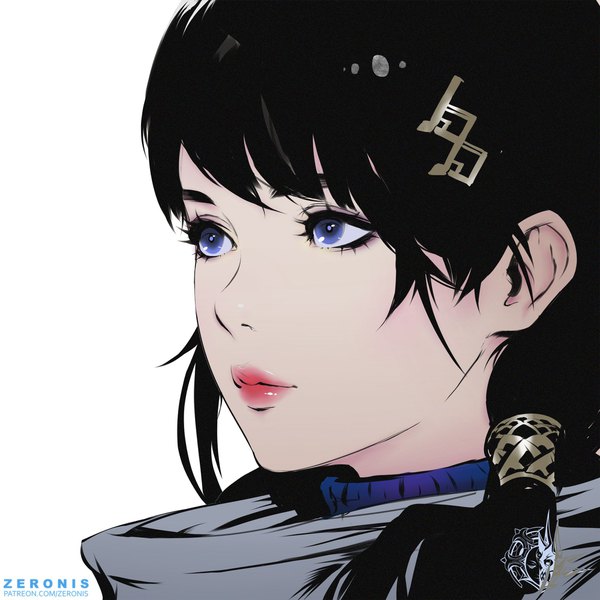 Anime picture 2000x2000 with deathverse (zeronis) original matilda (deathverse) paul (shiramune) single long hair fringe highres blue eyes black hair simple background white background signed looking away lips lipstick portrait red lipstick girl hair ornament