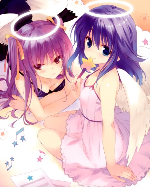 Anime picture 3282x4080 with original ohara tometa long hair tall image looking at viewer blush highres blue eyes light erotic red eyes twintails multiple girls absurdres cleavage purple hair angel wings angel girl dress bow