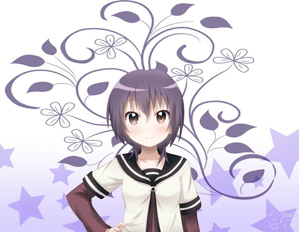 Anime picture 1049x816 with yuru yuri doga kobo funami yui 8820122 single blush short hair black hair smile brown eyes girl uniform school uniform