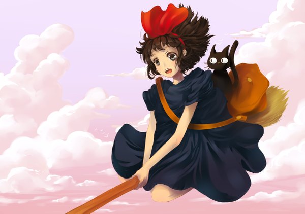 Anime picture 2480x1748 with kiki's delivery service studio ghibli kiki jiji mst1ng single long hair blush highres open mouth black hair sky cloud (clouds) black eyes flying girl animal cat clothes broom