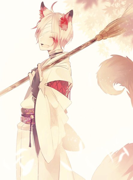 Anime picture 1281x1733 with original kwu zabeo0125 single tall image fringe short hair open mouth simple background smile standing white background holding animal ears white hair tail eyes closed traditional clothes japanese clothes animal tail
