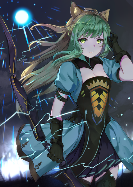 Anime picture 1050x1470 with fate (series) fate/grand order atalanta (fate) mosta (lo1777789) single long hair tall image looking at viewer fringe breasts blonde hair hair between eyes holding green eyes animal ears cleavage ahoge multicolored hair green hair cat ears