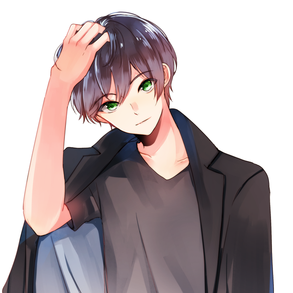 Anime picture 1100x1100 with original pochi (iasoreil) single looking at viewer fringe short hair simple background hair between eyes brown hair green eyes upper body head tilt hand on head clothes on shoulders boy t-shirt blazer