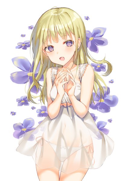 Anime picture 1200x1721 with original cha chya single long hair tall image looking at viewer blush fringe open mouth light erotic simple background blonde hair standing white background purple eyes blunt bangs thigh gap girl navel underwear