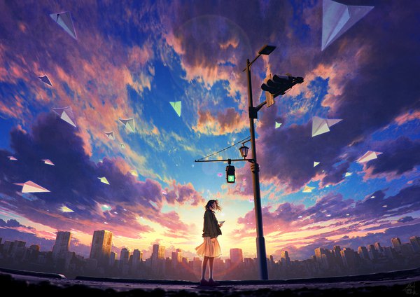 Anime-Bild 1474x1043 mit original mocha (cotton) single short hair black hair red eyes standing holding signed looking away sky cloud (clouds) full body outdoors long sleeves wind open jacket depth of field lens flare city