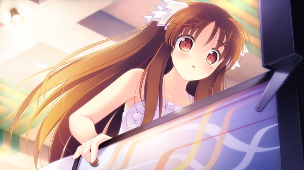 Anime picture 2048x1152 with shinsei ni shite okasubekarazu (game) sanemaki nozomi watari masahito long hair highres red eyes brown hair wide image game cg girl dress