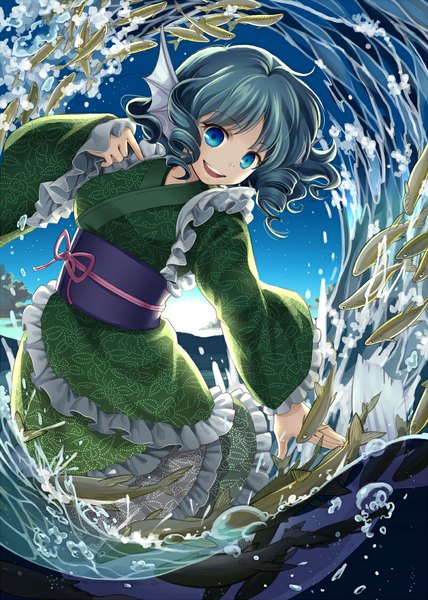 Anime picture 800x1120 with touhou wakasagihime socha single tall image looking at viewer short hair open mouth blue eyes smile blue hair traditional clothes japanese clothes drill hair girl animal water kimono fish (fishes) mermaid