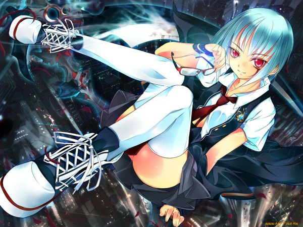 Anime picture 1200x900 with original shirokitsune looking at viewer short hair light erotic smile red eyes blue hair city abstract girl thighhighs uniform weapon school uniform white thighhighs glasses necktie shoes scythe