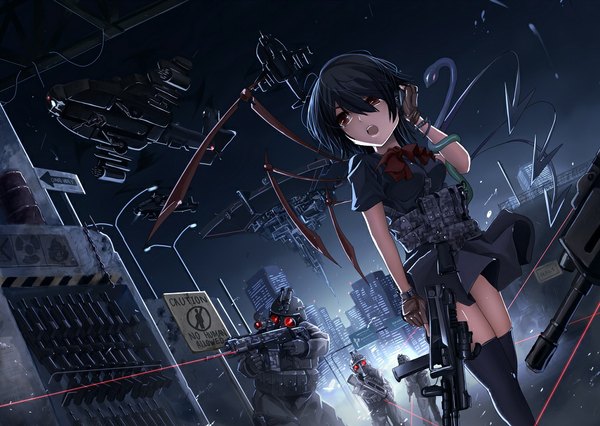 Anime picture 1020x725 with district 9 touhou houjuu nue koh (minagi kou) blush short hair black hair red eyes brown eyes sky night city military contemporary asymmetrical wings soldier girl thighhighs dress weapon