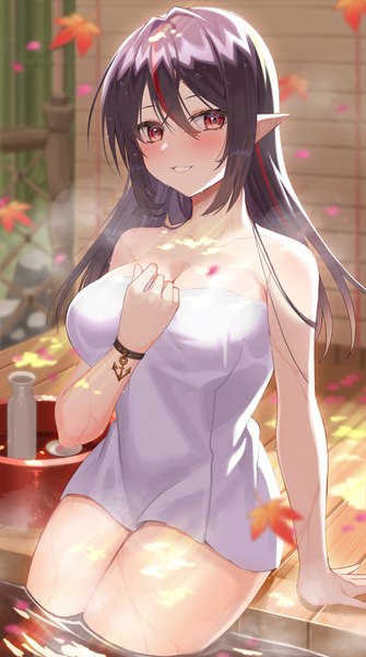Anime picture 2500x4481 with virtual youtuber indie virtual youtuber isonade orca amahara subaru single long hair tall image looking at viewer blush fringe highres breasts light erotic black hair smile hair between eyes red eyes large breasts sitting red hair