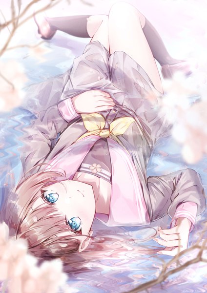 Anime picture 2894x4093 with original daidai (daidai826) single long hair tall image looking at viewer highres blue eyes smile brown hair lying on back depth of field partially submerged cherry blossoms knees together feet apart girl uniform water socks