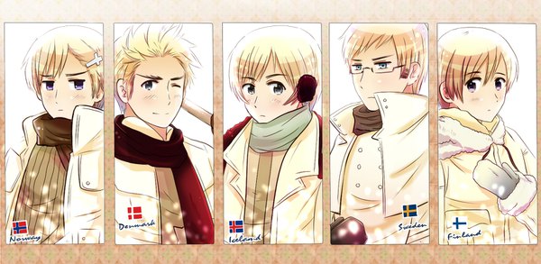 Anime picture 1652x808 with axis powers hetalia studio deen sweden (hetalia) finland (hetalia) denmark (hetalia) norway (hetalia) iceland (hetalia) drawsurreal looking at viewer blush fringe short hair blue eyes blonde hair smile hair between eyes wide image purple eyes looking away upper body