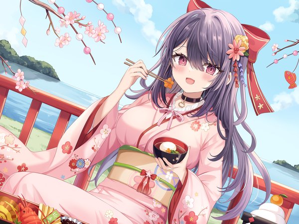 Anime picture 1280x960 with monster company shindou misaki retsuto single long hair blush fringe open mouth hair between eyes sitting purple eyes purple hair traditional clothes :d japanese clothes official art horizon new year girl hair ornament