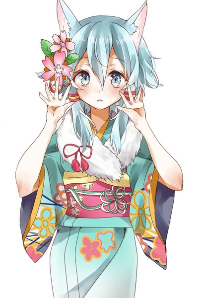 Anime picture 764x1142 with sword art online a-1 pictures asada shino chima (fusigiko) single tall image looking at viewer fringe blue eyes hair between eyes animal ears blue hair hair flower wide sleeves arms up short sleeves alternate costume floral print girl flower (flowers)