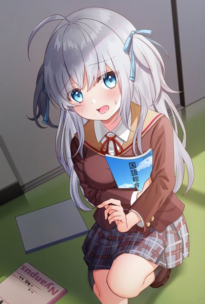 Anime picture 1181x1748 with original saki usagi single long hair tall image looking at viewer blush fringe open mouth blue eyes hair between eyes silver hair ahoge indoors two side up plaid skirt sweatdrop girl skirt uniform