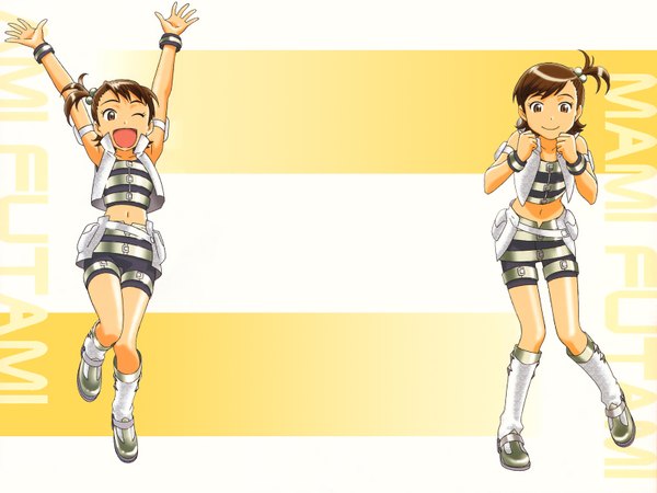 Anime picture 1600x1200 with idolmaster futami mami futami ami kubooka toshiyuki looking at viewer short hair open mouth smile brown hair multiple girls brown eyes ponytail one eye closed wink inscription side ponytail striped twins striped background cool & sexy (idolmaster)