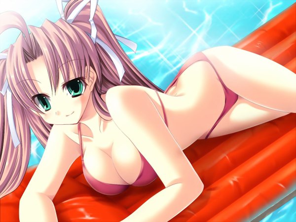Anime picture 1200x900 with light erotic twintails green eyes pink hair game cg girl swimsuit bikini water red bikini