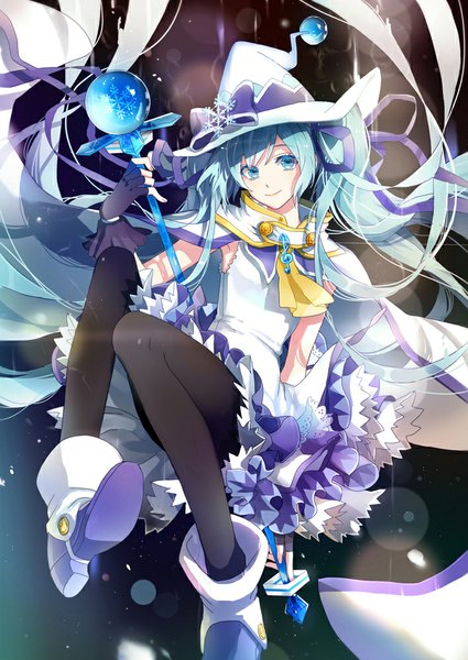 Anime picture 708x1000 with vocaloid suki! yuki! maji magic (vocaloid) hatsune miku yuki miku yuki miku (2014) michi (iawei) single long hair tall image fringe blue eyes smile twintails holding looking away aqua eyes snowing weightlessness girl dress