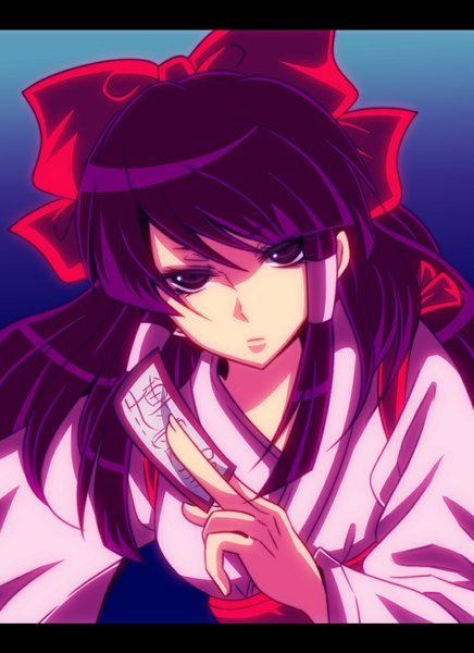 Anime picture 800x1100 with touhou hakurei reimu shisei (kyuushoku banchou) single long hair tall image looking at viewer simple background purple eyes holding purple hair traditional clothes japanese clothes gradient background close-up blue background face girl bow hair bow