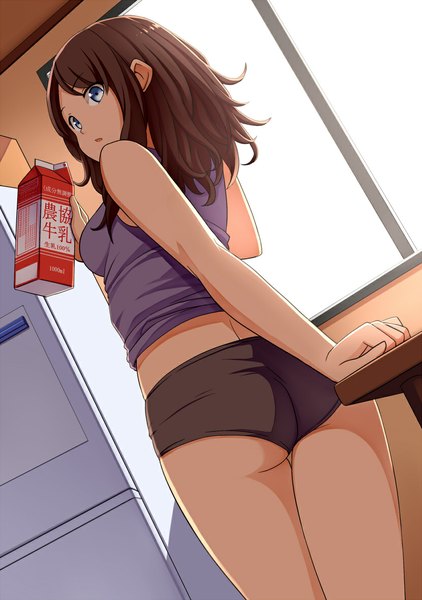 Anime picture 830x1180 with original pinkwaters single long hair tall image looking at viewer blue eyes light erotic brown hair standing holding ass indoors parted lips looking back from behind sunlight back girl shorts