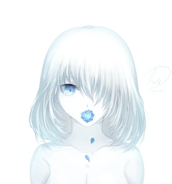 Anime picture 1024x1100 with original meiya (dia douya) single tall image looking at viewer fringe short hair breasts blue eyes light erotic simple background white background bare shoulders upper body hair over one eye monochrome partially colored flower in mouth girl flower (flowers)