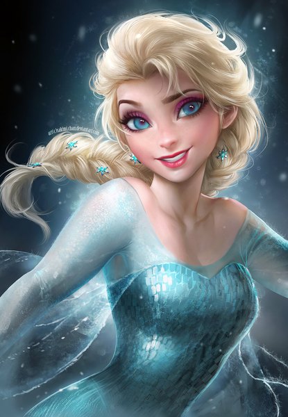 Anime picture 800x1157 with frozen (disney) disney elsa (frozen) sakimichan single long hair tall image blue eyes blonde hair smile bare shoulders braid (braids) lips realistic lipstick single braid girl dress