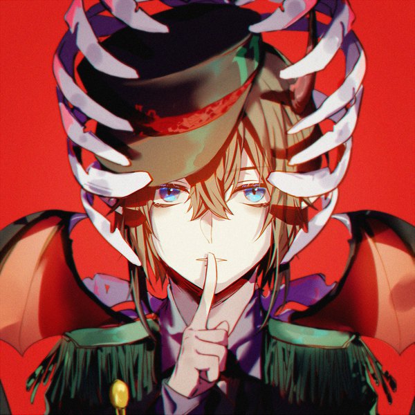 Anime picture 1000x1000 with aotu world an mi xiu kanose single looking at viewer fringe short hair blue eyes simple background hair between eyes brown hair finger to mouth portrait red background bone (bones) boy hat wings epaulettes